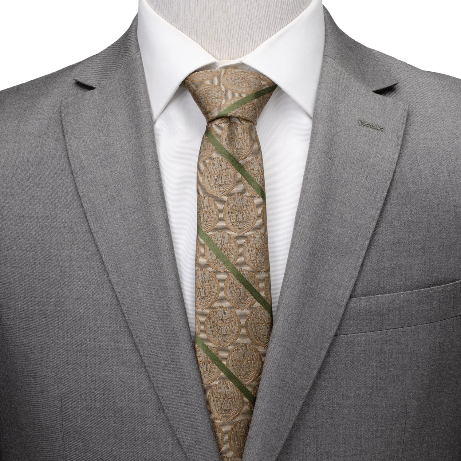 Gray suit jacket with a white shirt and patterned tie on a mannequin.
