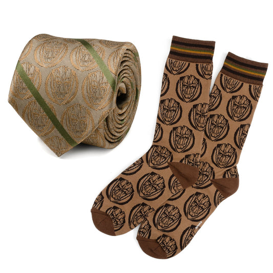 Tie and socks with similar pattern on a white background