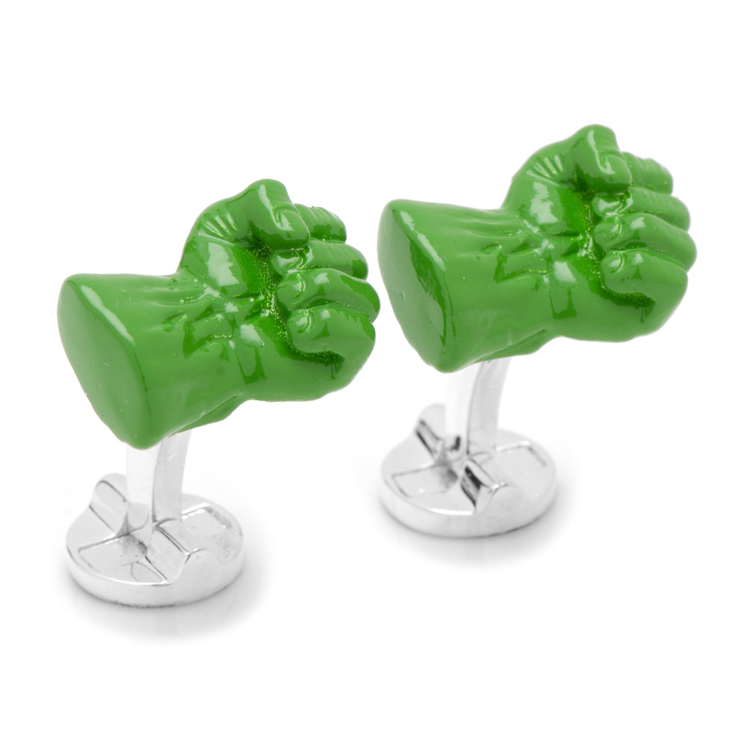 Green fist-shaped cufflinks on a white background