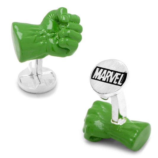 Green superhero fist cufflinks with Marvel logo on a white background