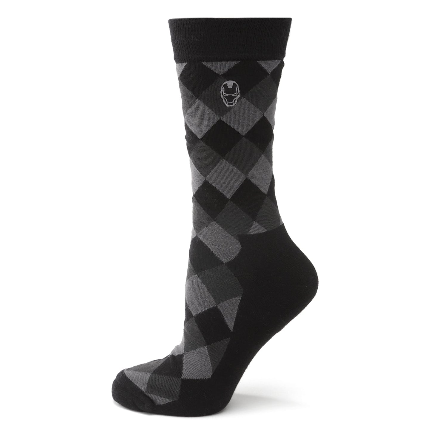 Black and gray argyle patterned sock on a white background