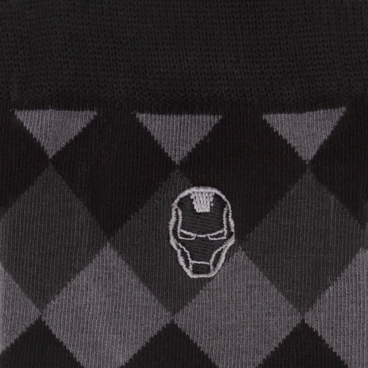 Black and gray argyle pattern sock with Iron Man helmet logo.