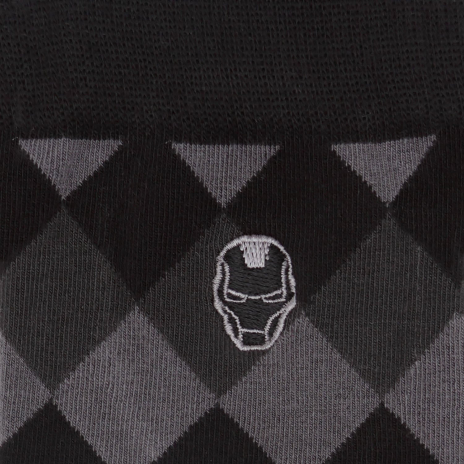 Black and gray argyle pattern sock with Iron Man helmet logo.