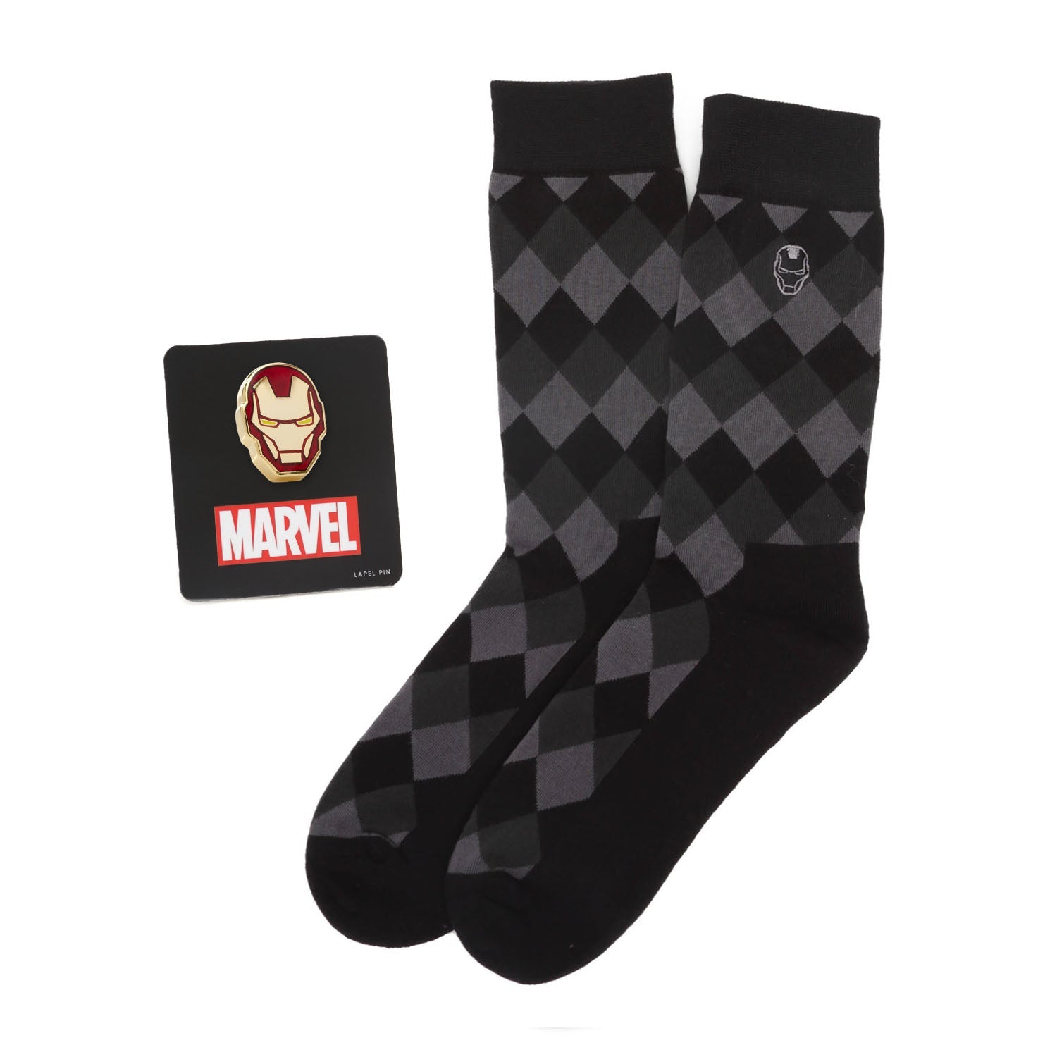 Black and gray argyle socks with Marvel logo on a white background