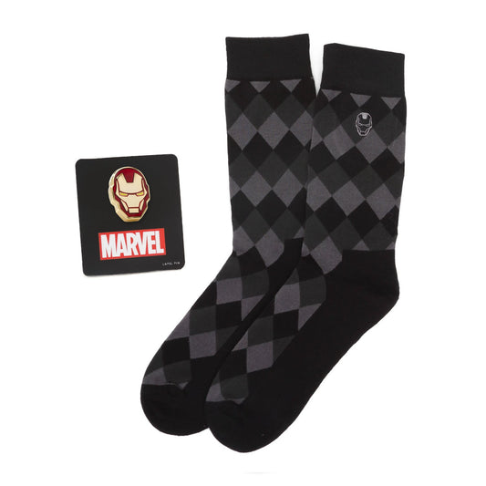 Black and gray argyle socks with Marvel logo on a white background