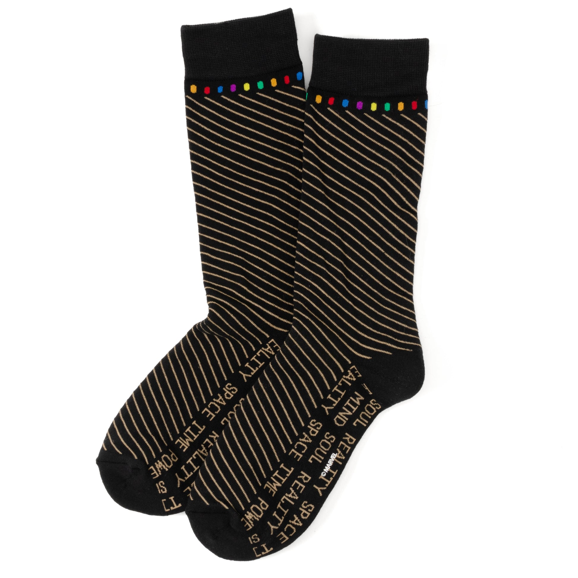 Black socks with gold stripes and colorful dots on a white background
