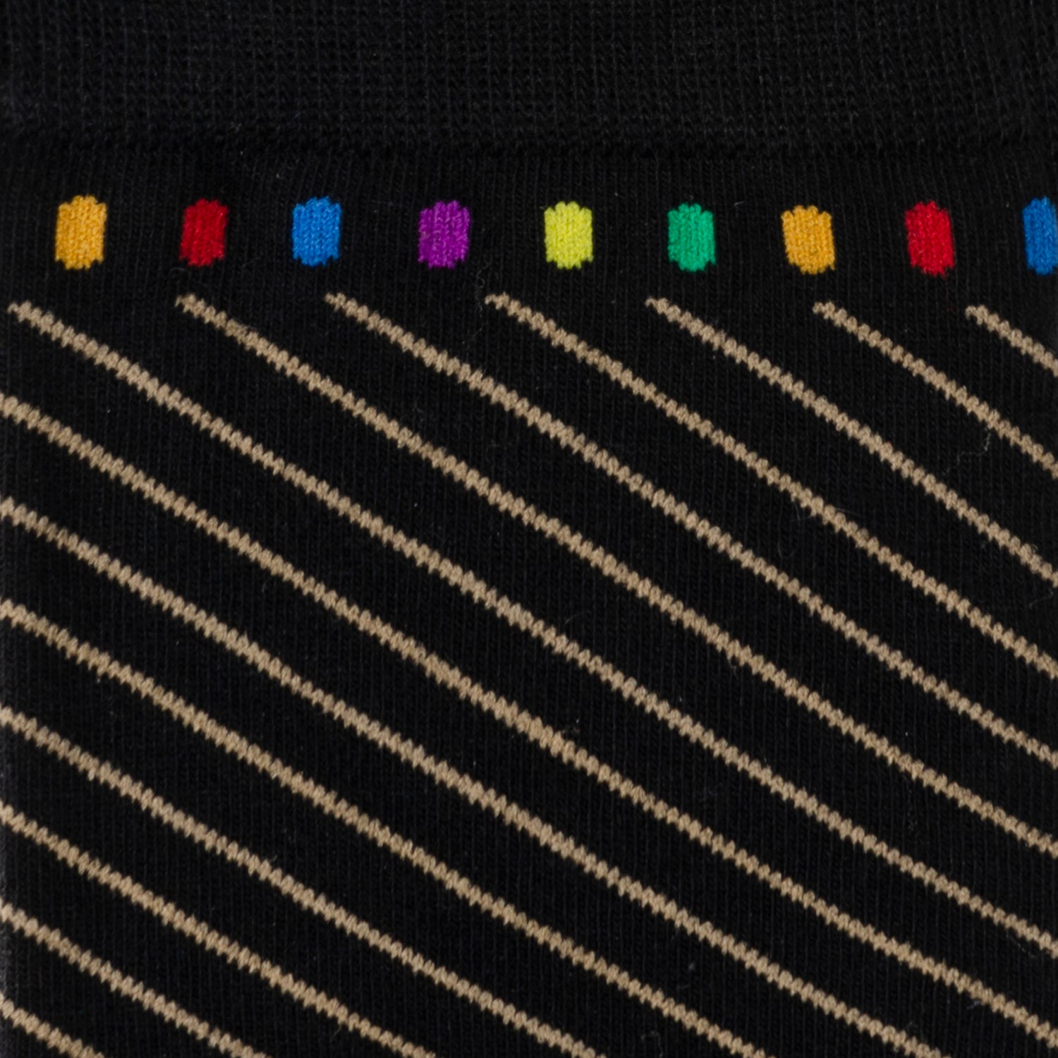 Black sock with rainbow-colored dots at the top and diagonal lines.