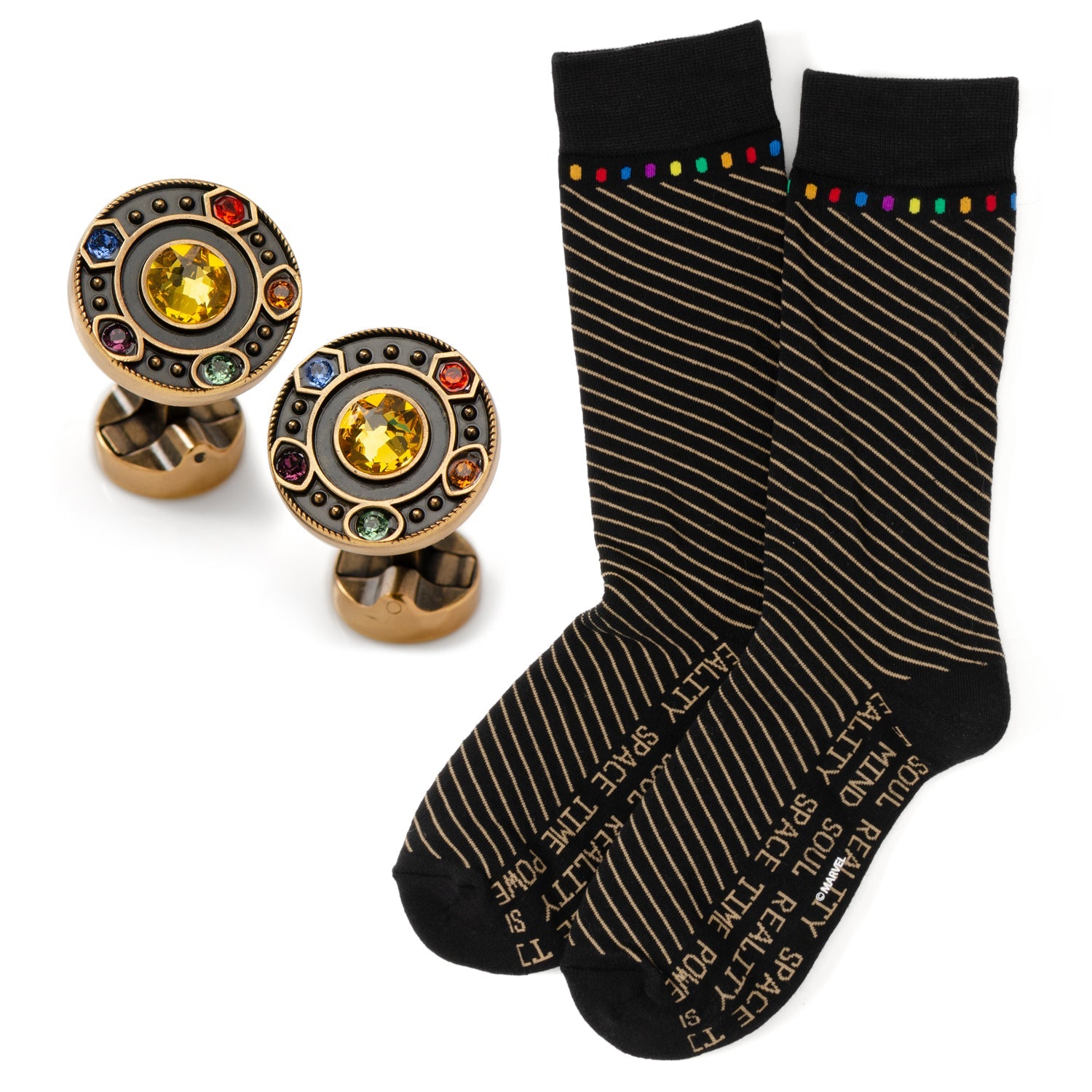Pair of cufflinks with gemstones and a black sock with text on a white background