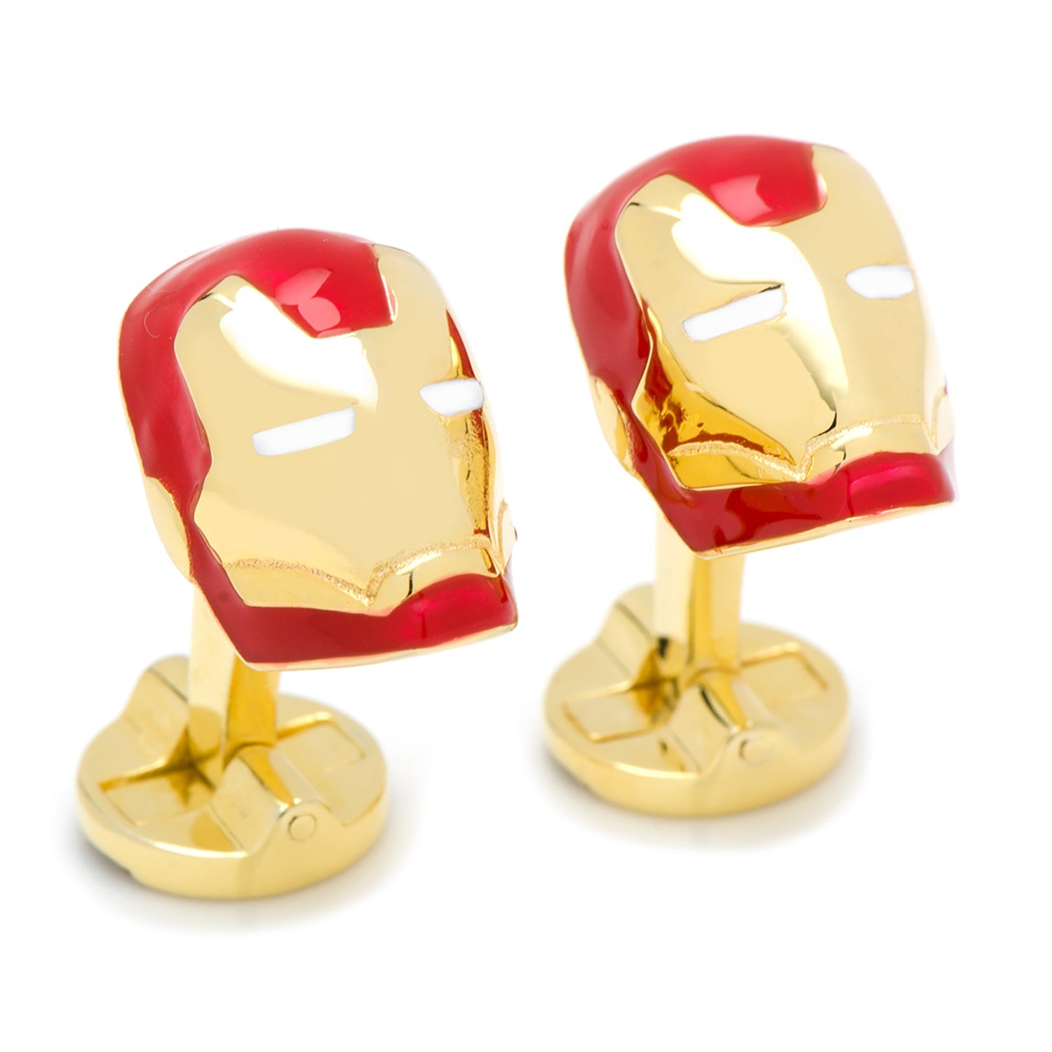 Gold and red boxing glove cufflinks on a white background