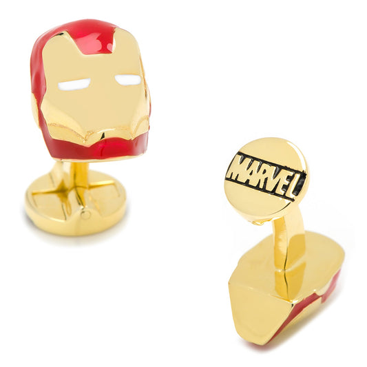 Gold Iron Man helmet cufflinks with Marvel logo on a white background