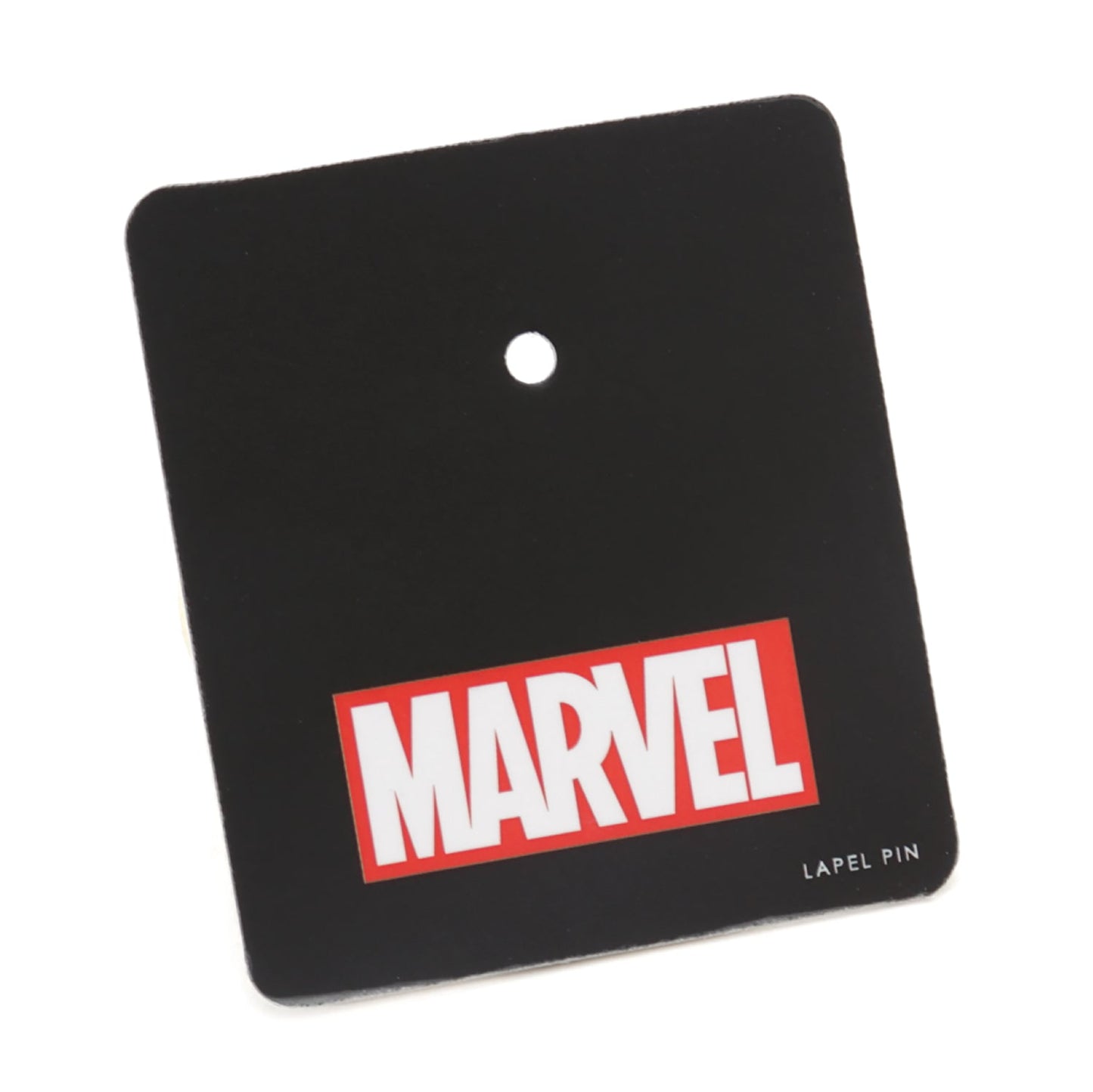 Marvel lapel pin on a black card with a white background