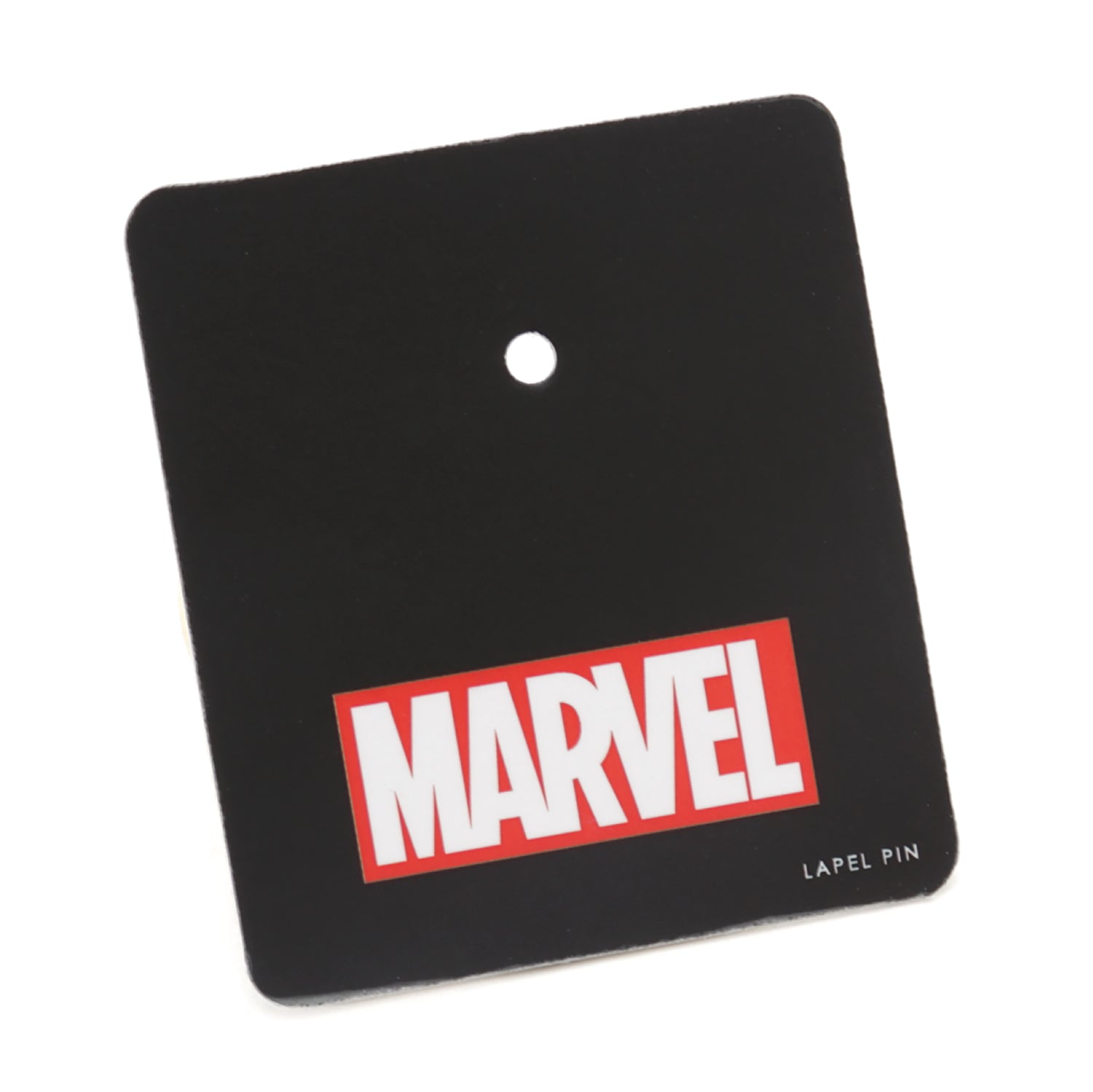 Marvel lapel pin on a black card with a white background