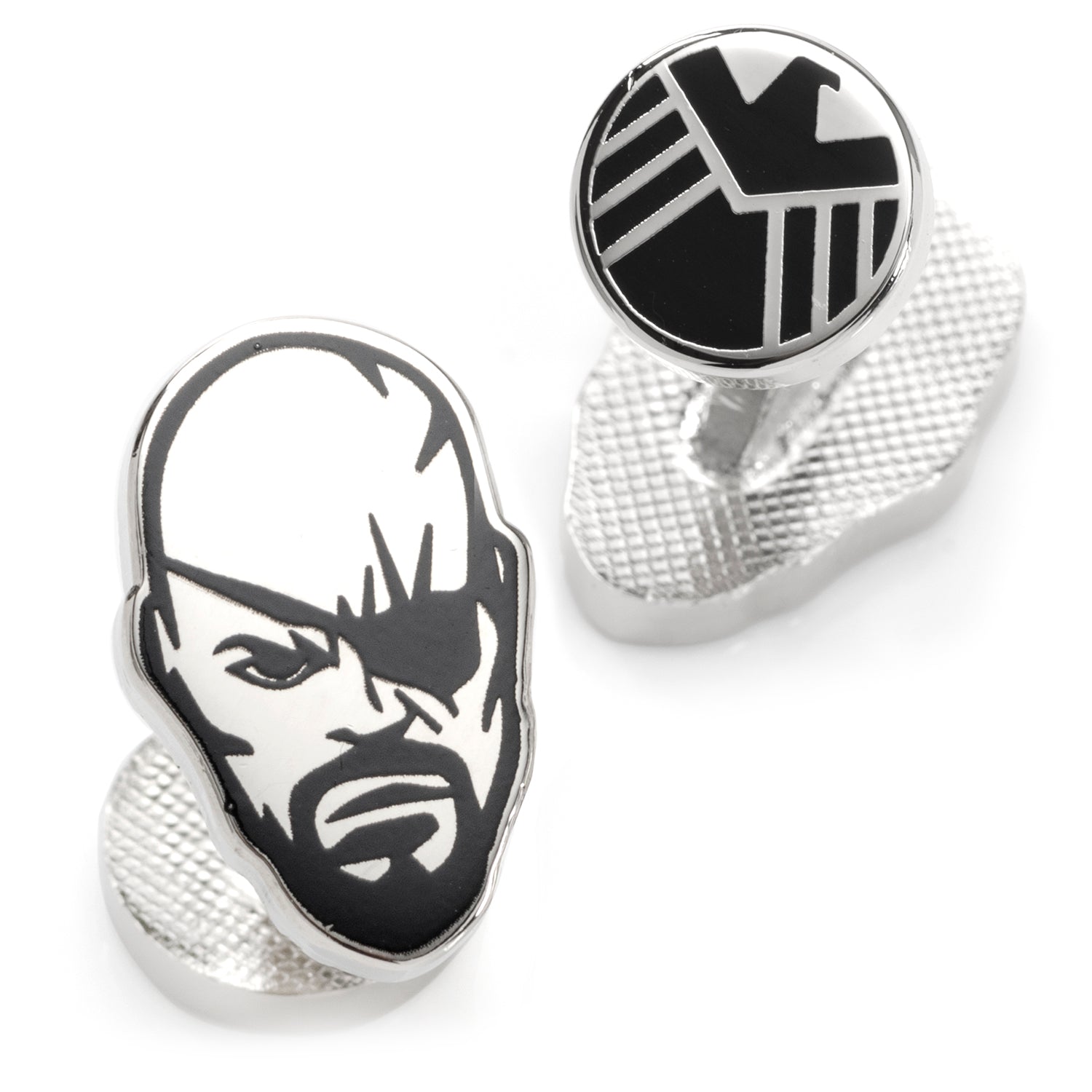 Cufflinks with a face design and geometric pattern on a white background
