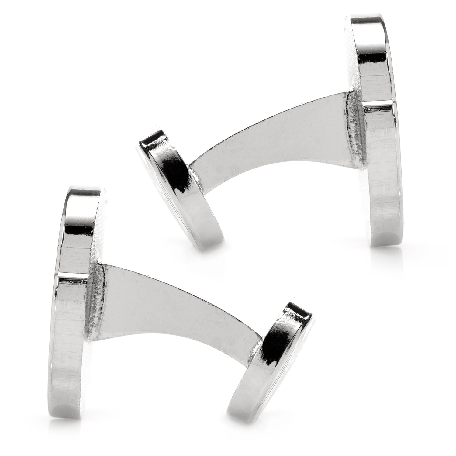 Pair of silver cufflinks on a white background