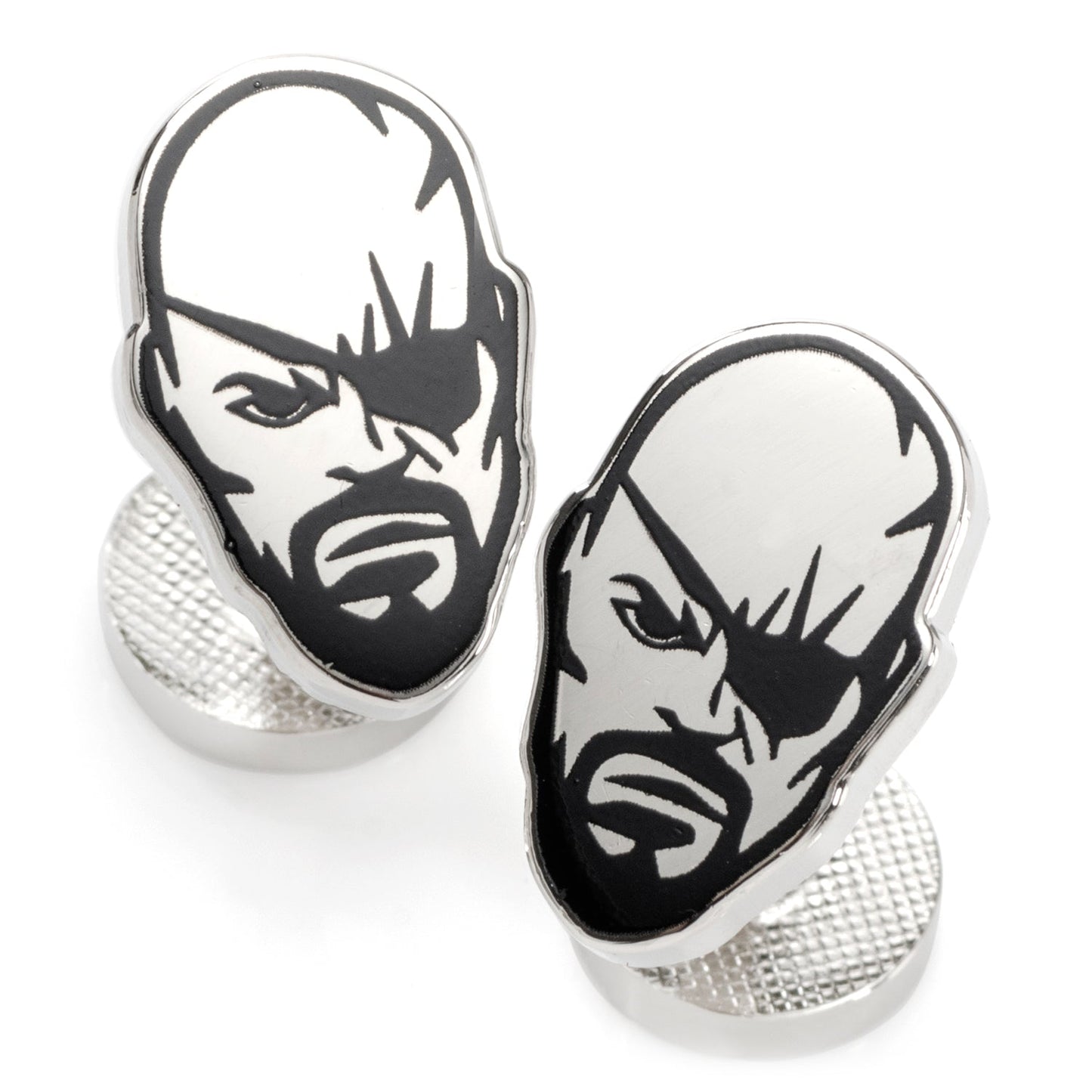 Cufflinks with black and white face design on a white background