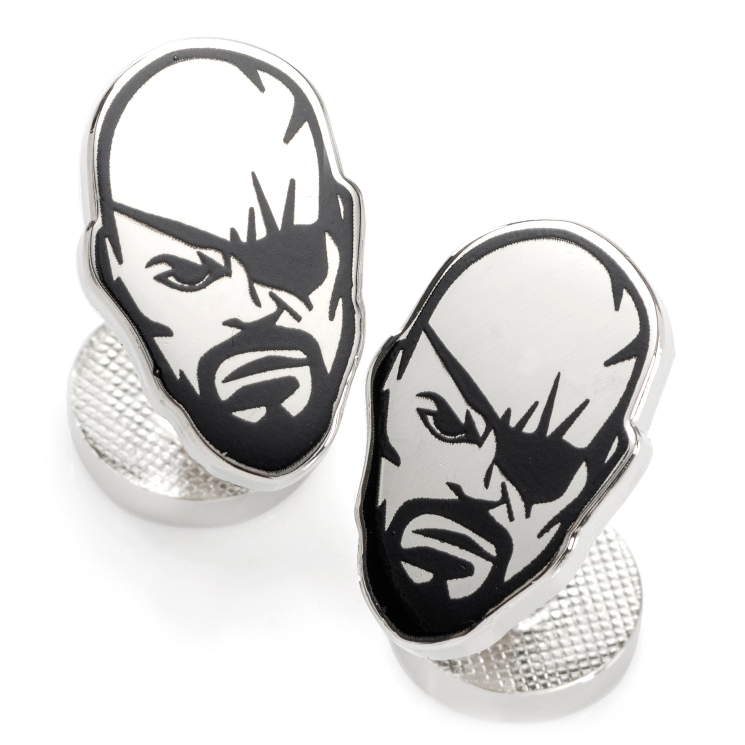 Cufflinks with black and white face design on a white background