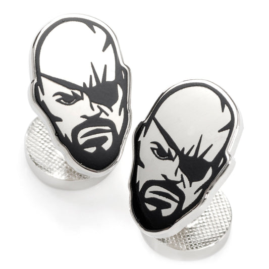 Cufflinks with black and white face design on a white background