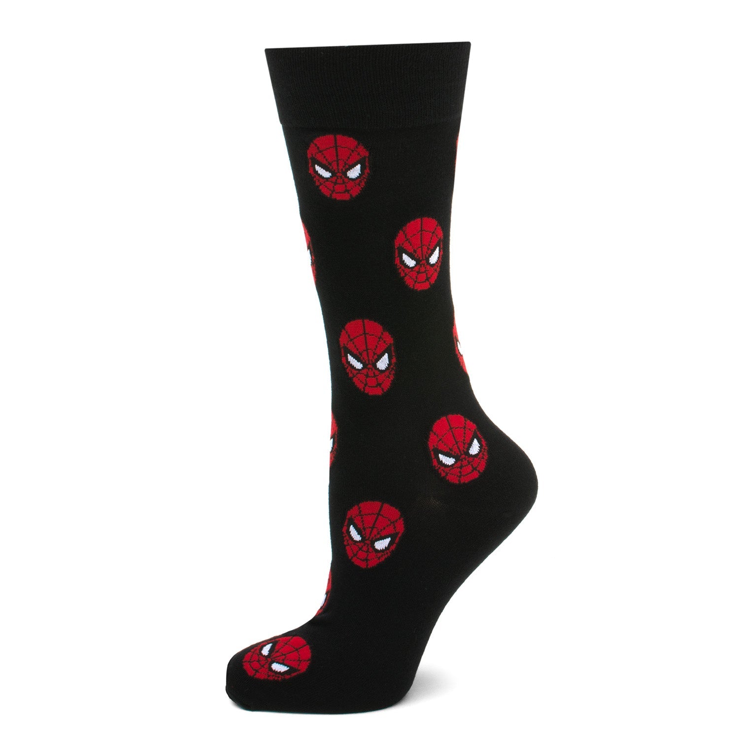 Black sock with red Spider-Man face pattern on a white background