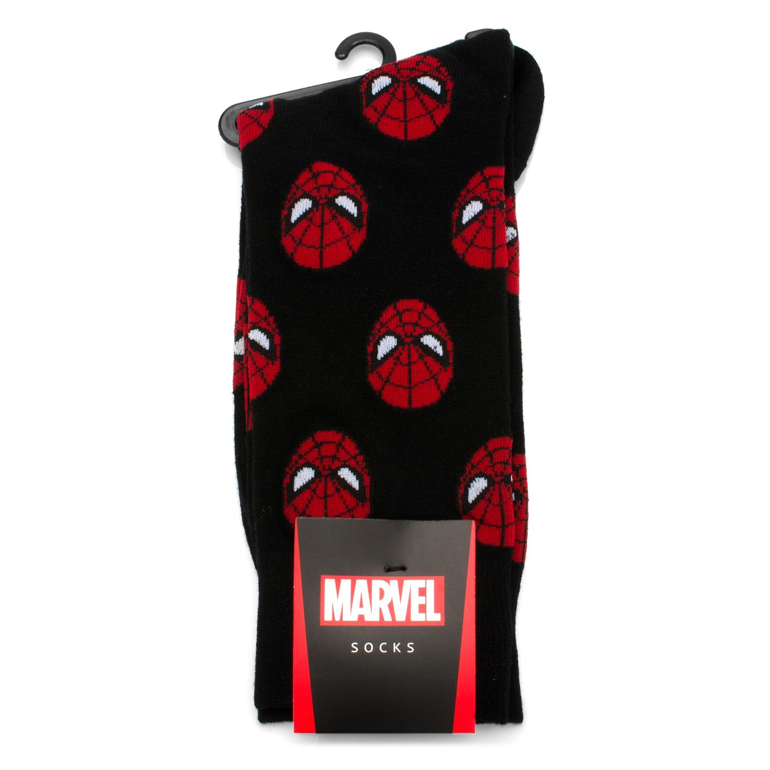 Black socks with red spiderman face pattern and Marvel logo packaging on a white background