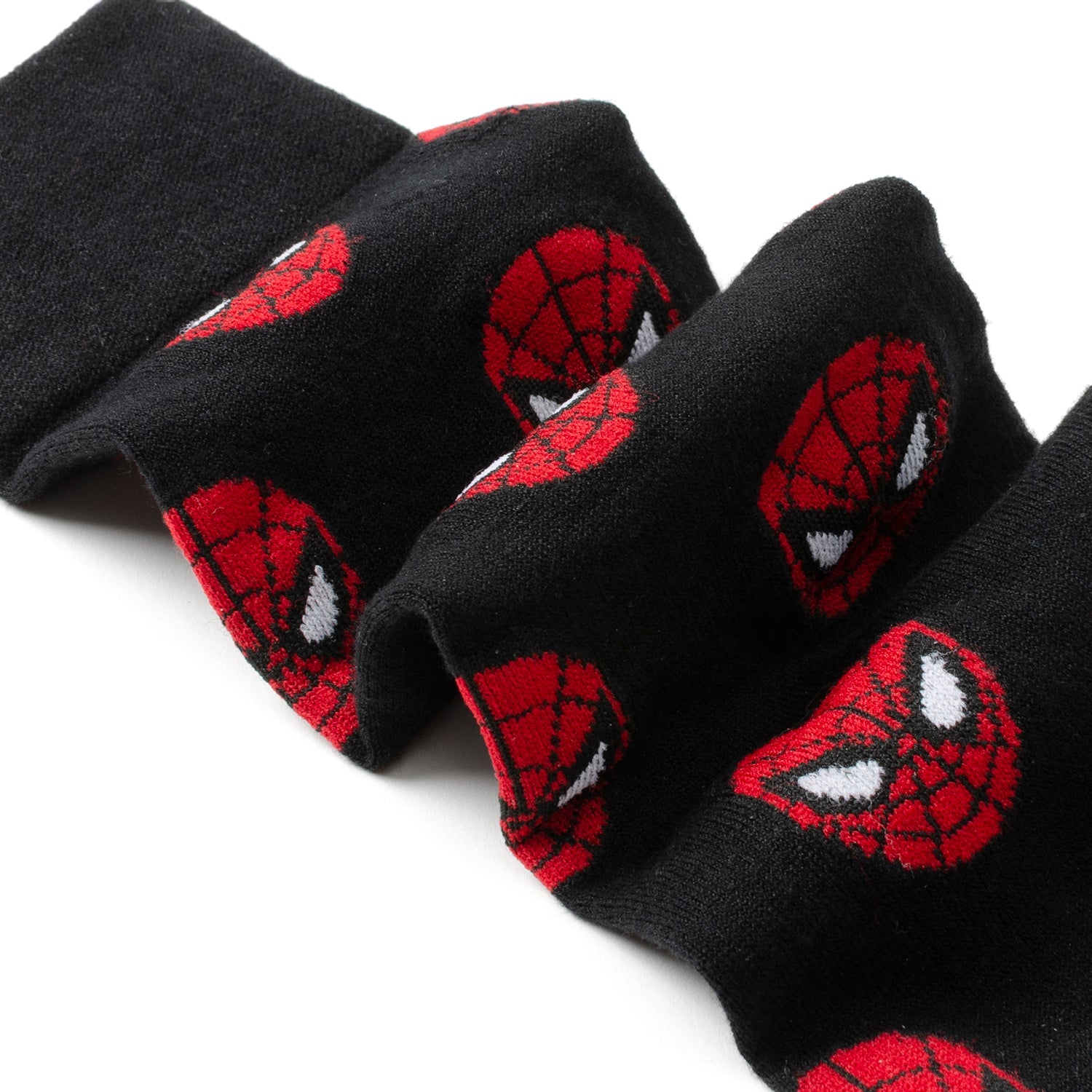 Black socks with Spider-Man logo pattern on a white background