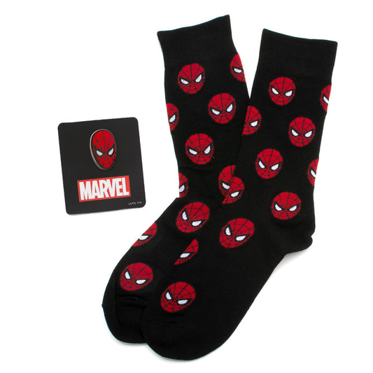 Black socks with red spider logos and a Marvel card on a white background