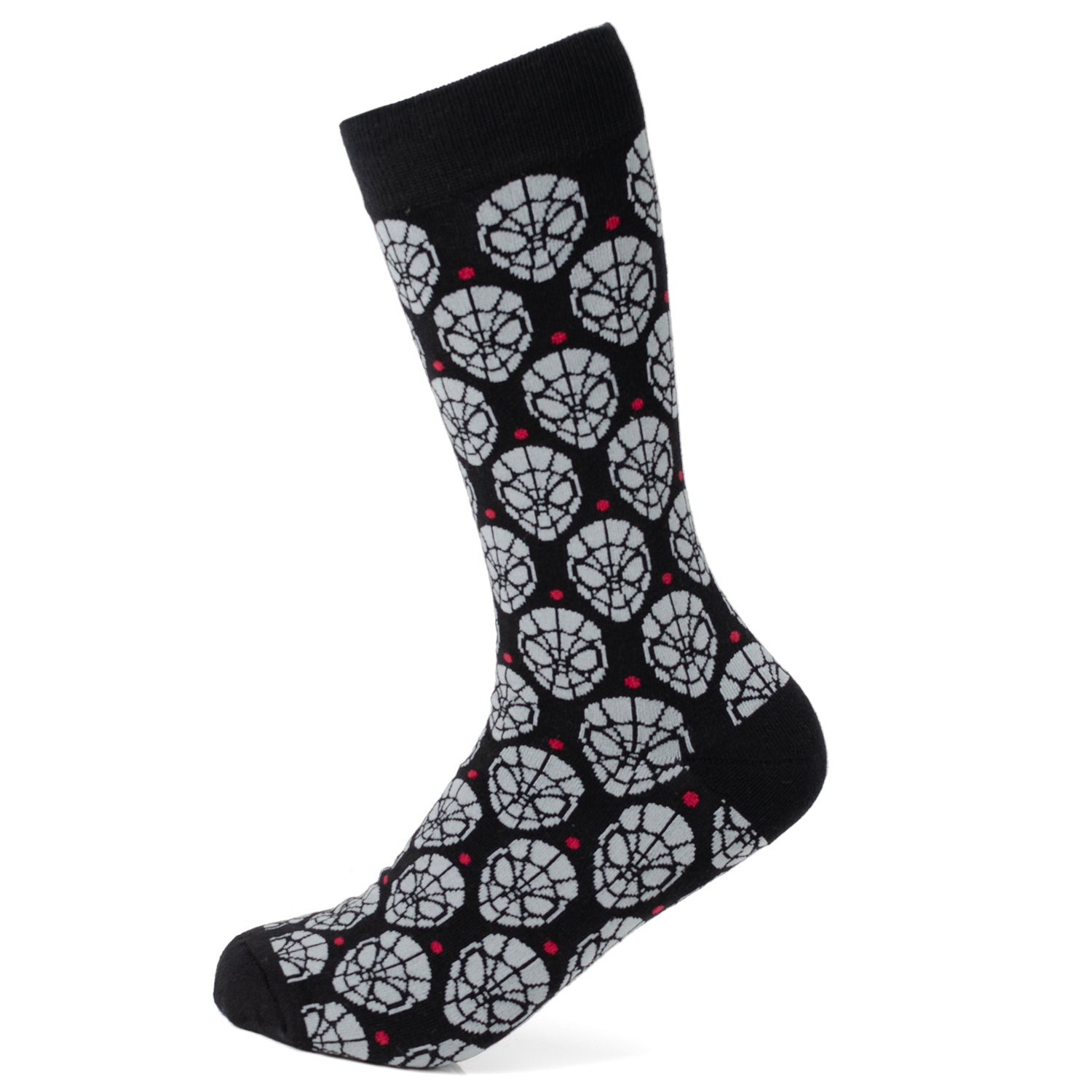 Black sock with white spider web pattern on a white background