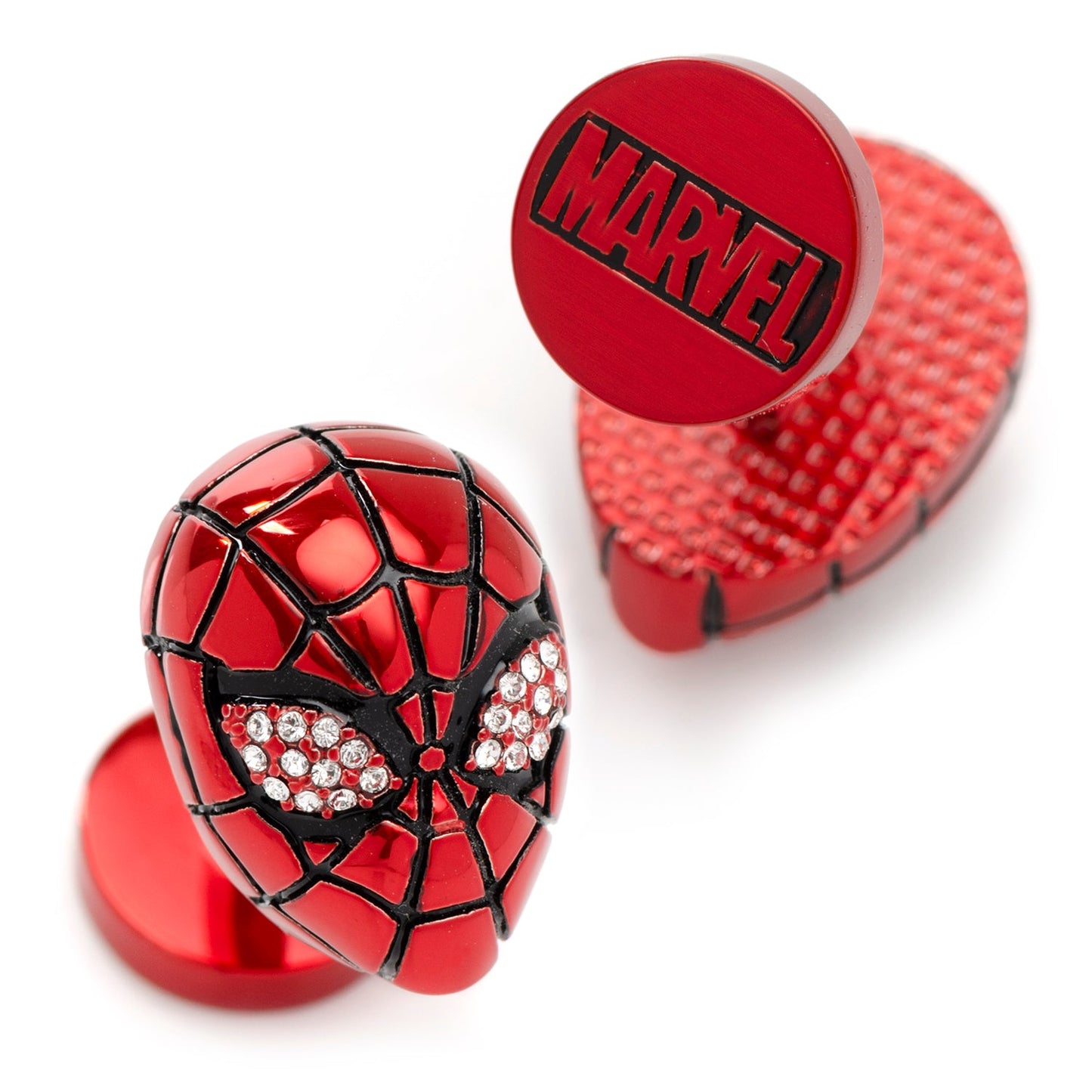 Red Spider-Man mask with rhinestones and 'Marvel' logo on a white background