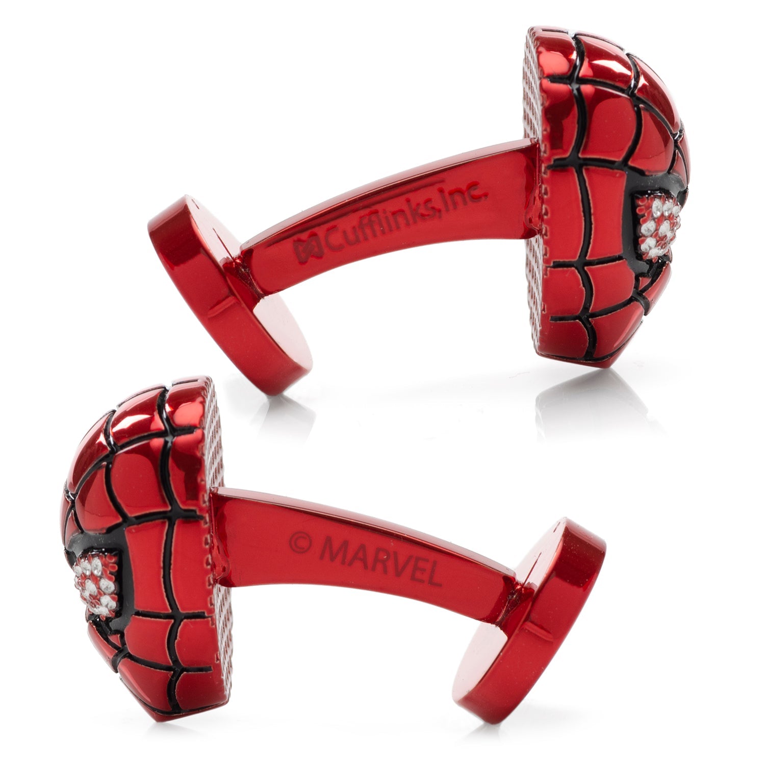 Red spider-web pattern cufflinks with Marvel branding on a white background