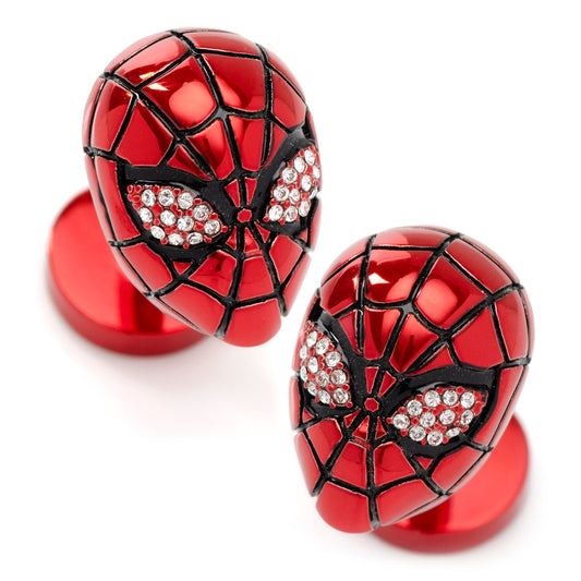 Red spider-themed earrings with black webbing and clear gemstones on a white background