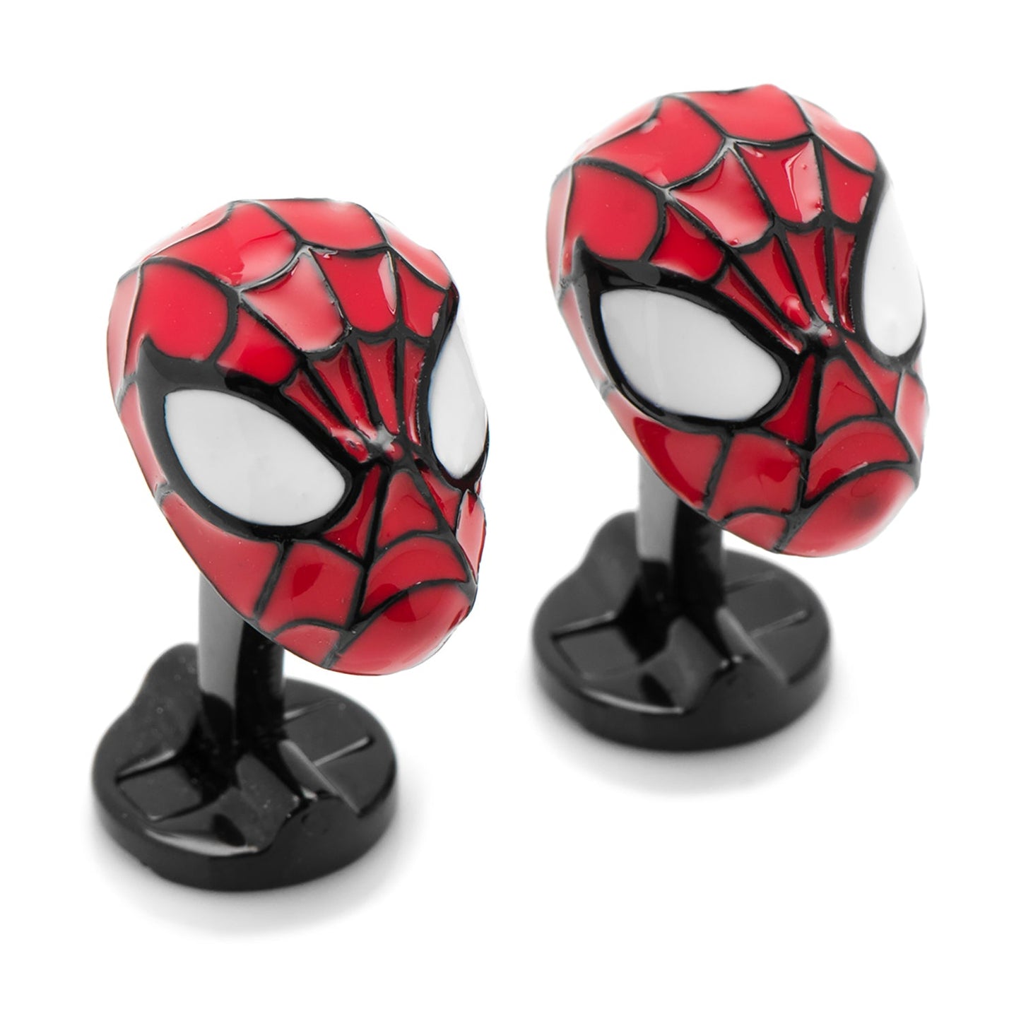 Red and black Spider-Man mask figurines on black stands against a white background