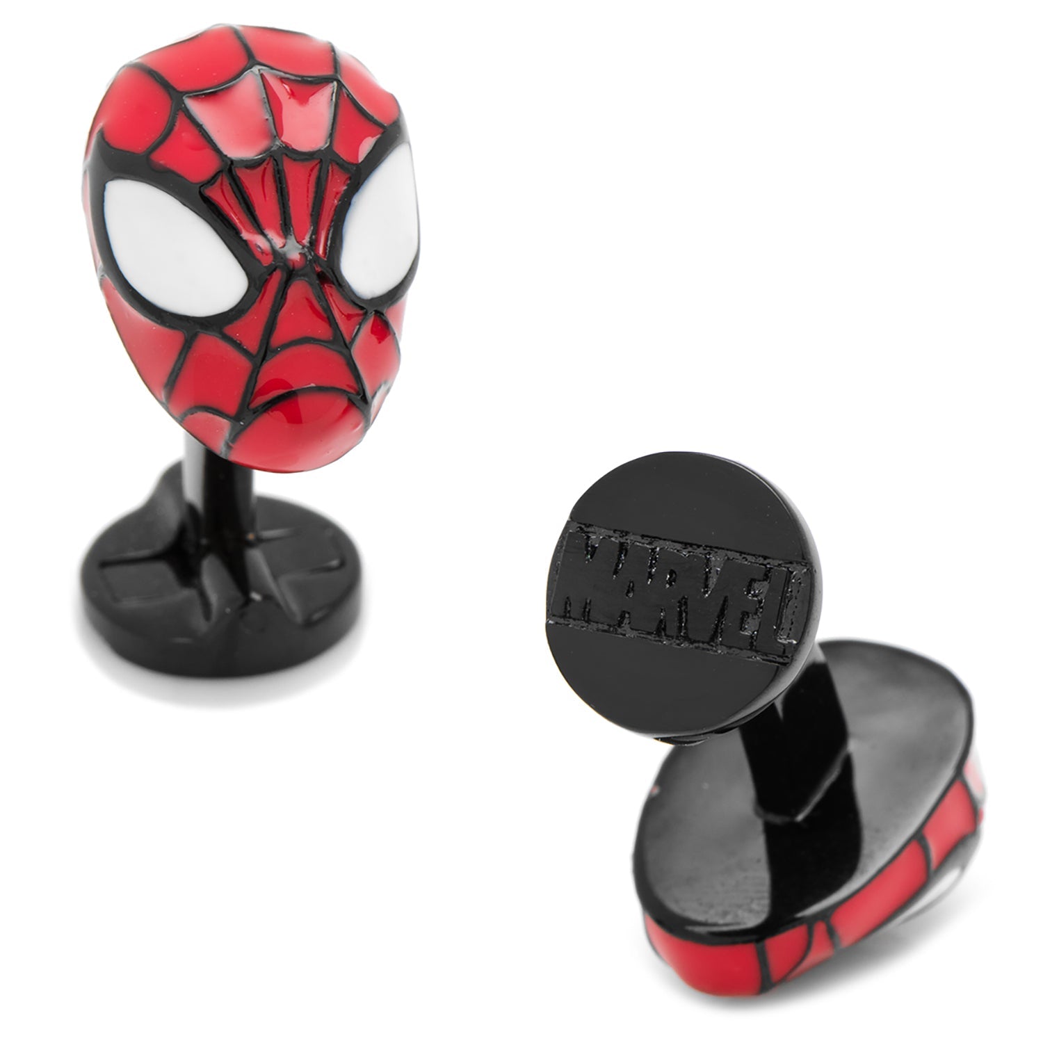 Spider-Man mask cufflinks with Marvel branding on a white background