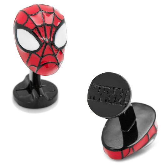 Spider-Man mask cufflinks with Marvel branding on a white background