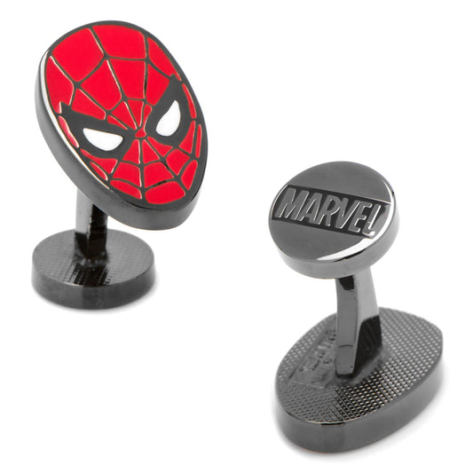 Spider-Man themed cufflinks with Marvel logo on a white background