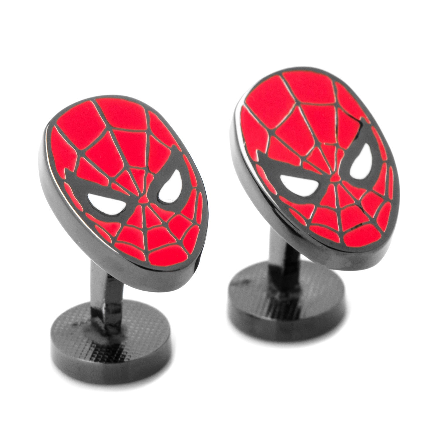 Spider-Man themed cufflinks with red face design on a white background