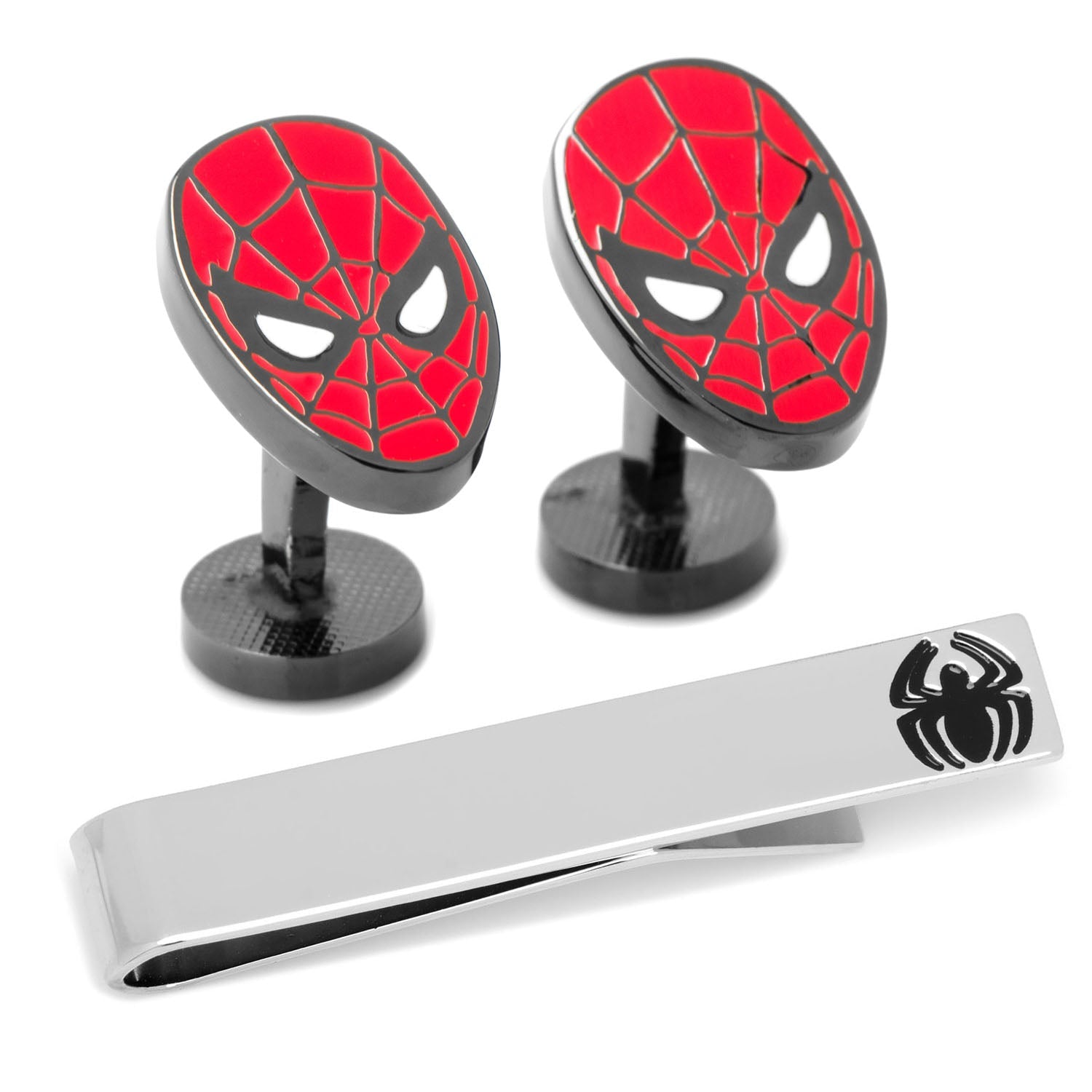 Spider-Man themed cufflinks and tie clip on a white background