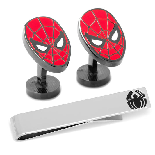 Spider-Man themed cufflinks and tie clip on a white background