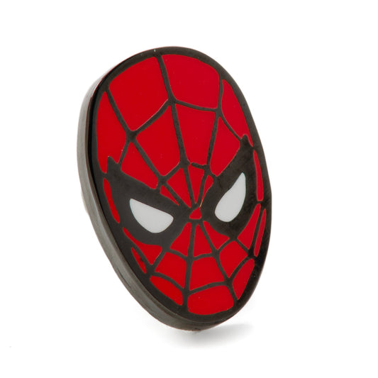 Spider-Man mask with red and black design on a white background