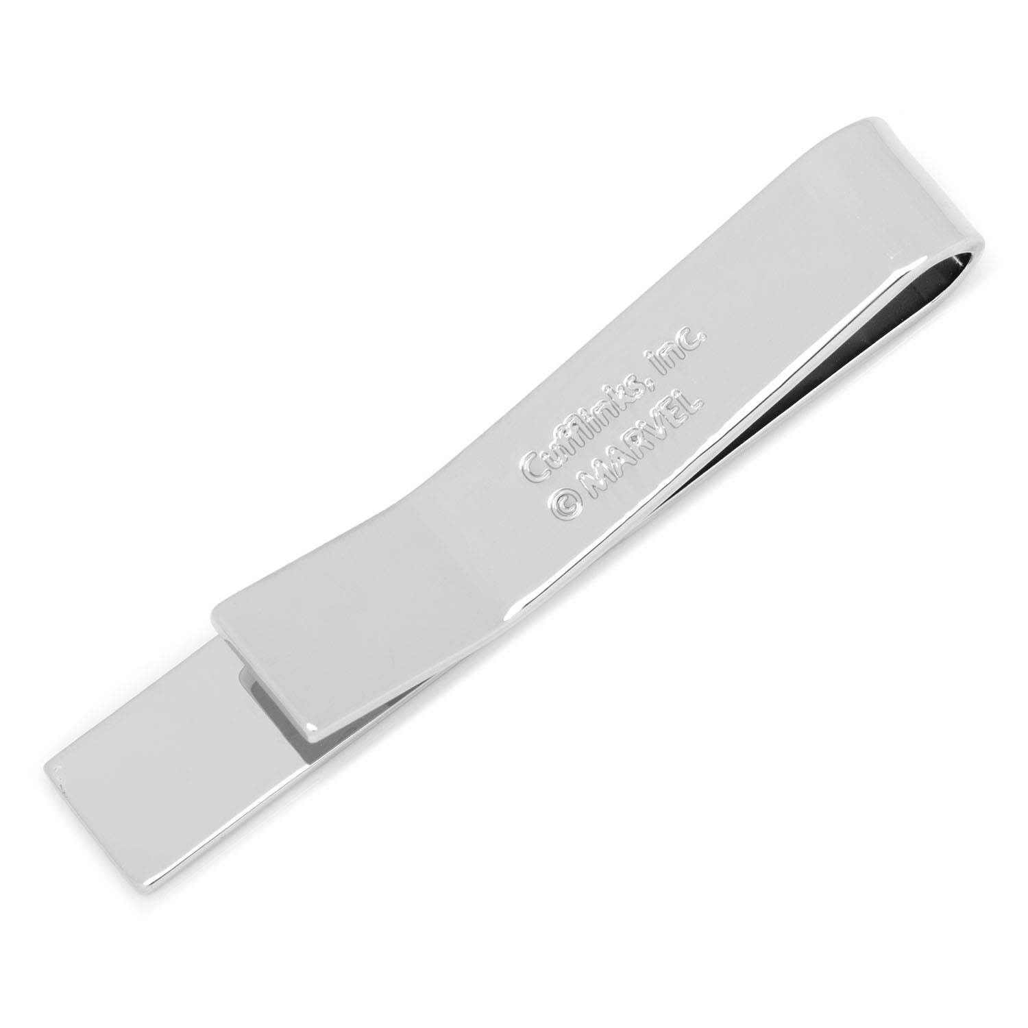 Silver tie clip with engraved text on a white background