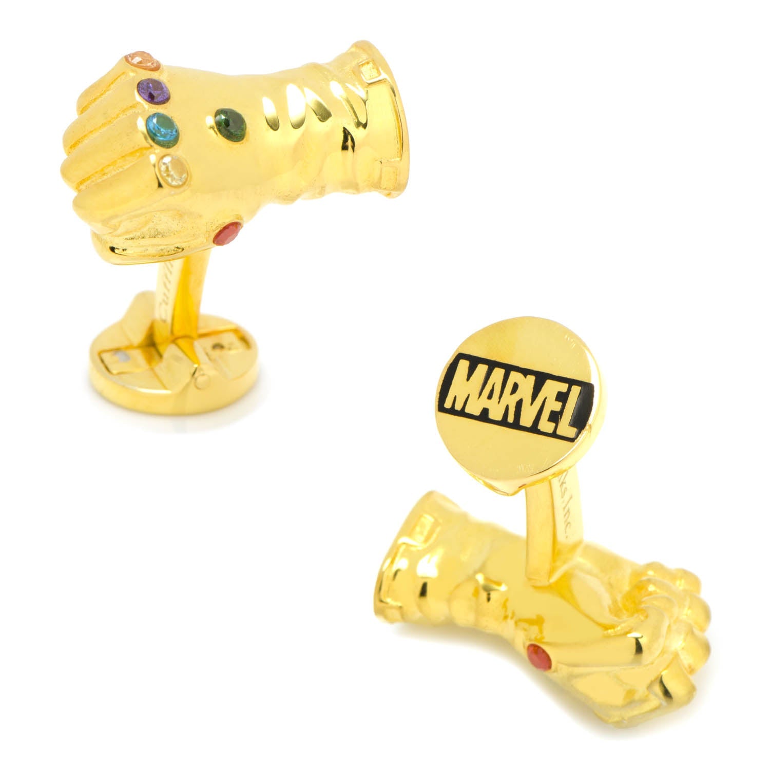 Gold cufflinks resembling a character from Marvel with a 'Marvel' logo on a white background