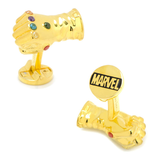 Gold cufflinks resembling a character from Marvel with a 'Marvel' logo on a white background