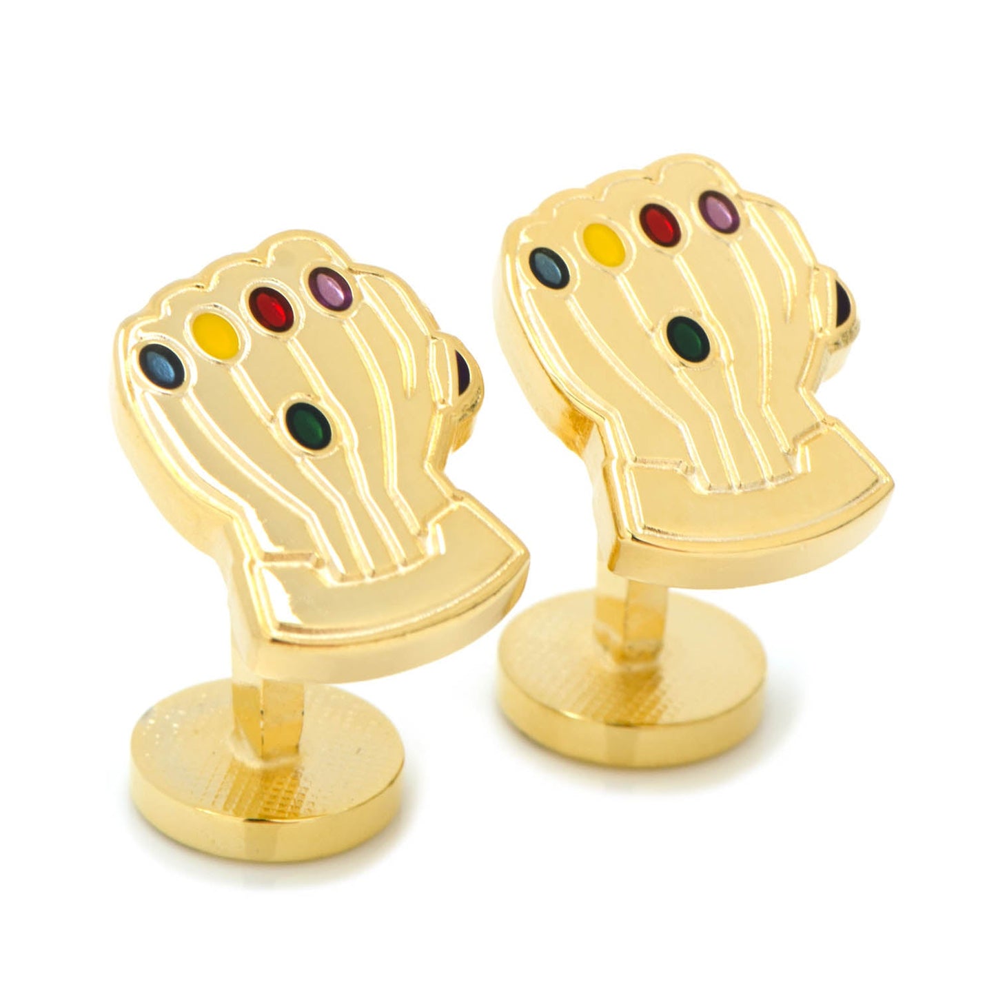 Gold cufflinks shaped like gloves with colored stones on a white background