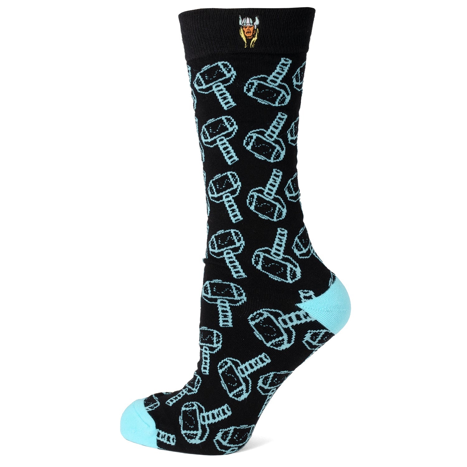 Black sock with blue hammer pattern on a white background