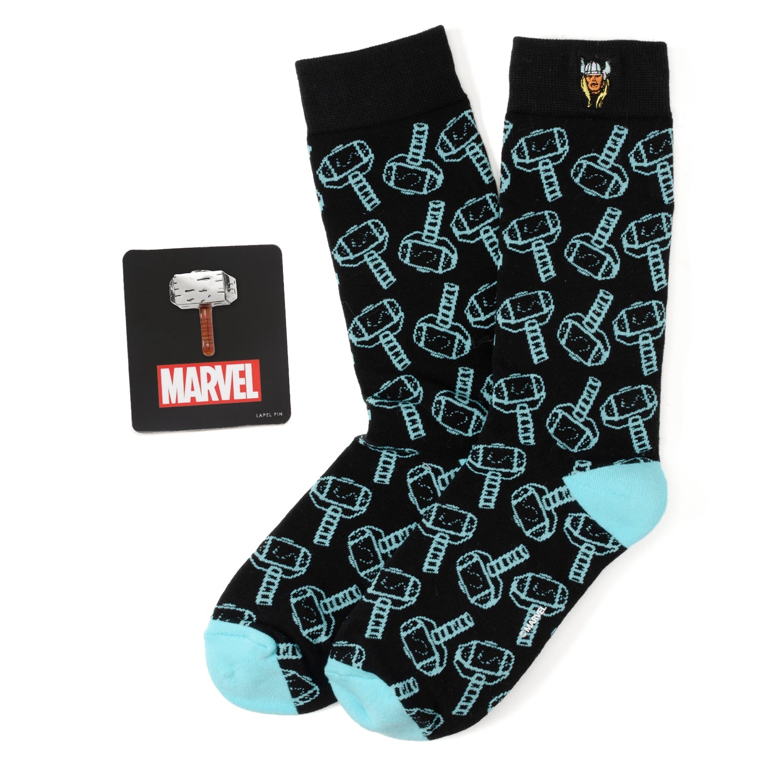 Marvel-themed socks with hammer pattern and packaging on a white background