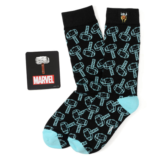 Marvel-themed socks with hammer pattern and packaging on a white background