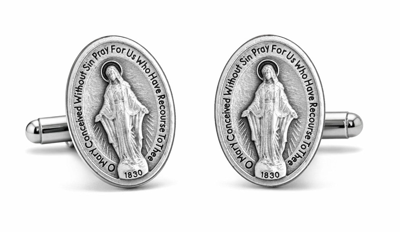 Miraculous Medal cufflinks featuring the Blessed Virgin Mary in silver-tone Catholic religious jewelry for men