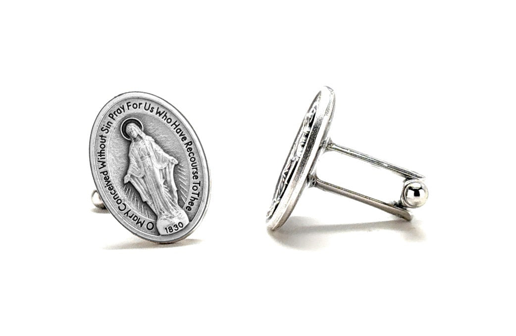 Miraculous Medal cufflinks featuring the Blessed Virgin Mary in silver-tone Catholic religious jewelry for men