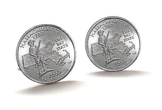 Massachusetts State Quarter Coin Cufflinks Uncirculated U.S. Quarter 2000 Cuff Links Enamel Backing Cufflinks