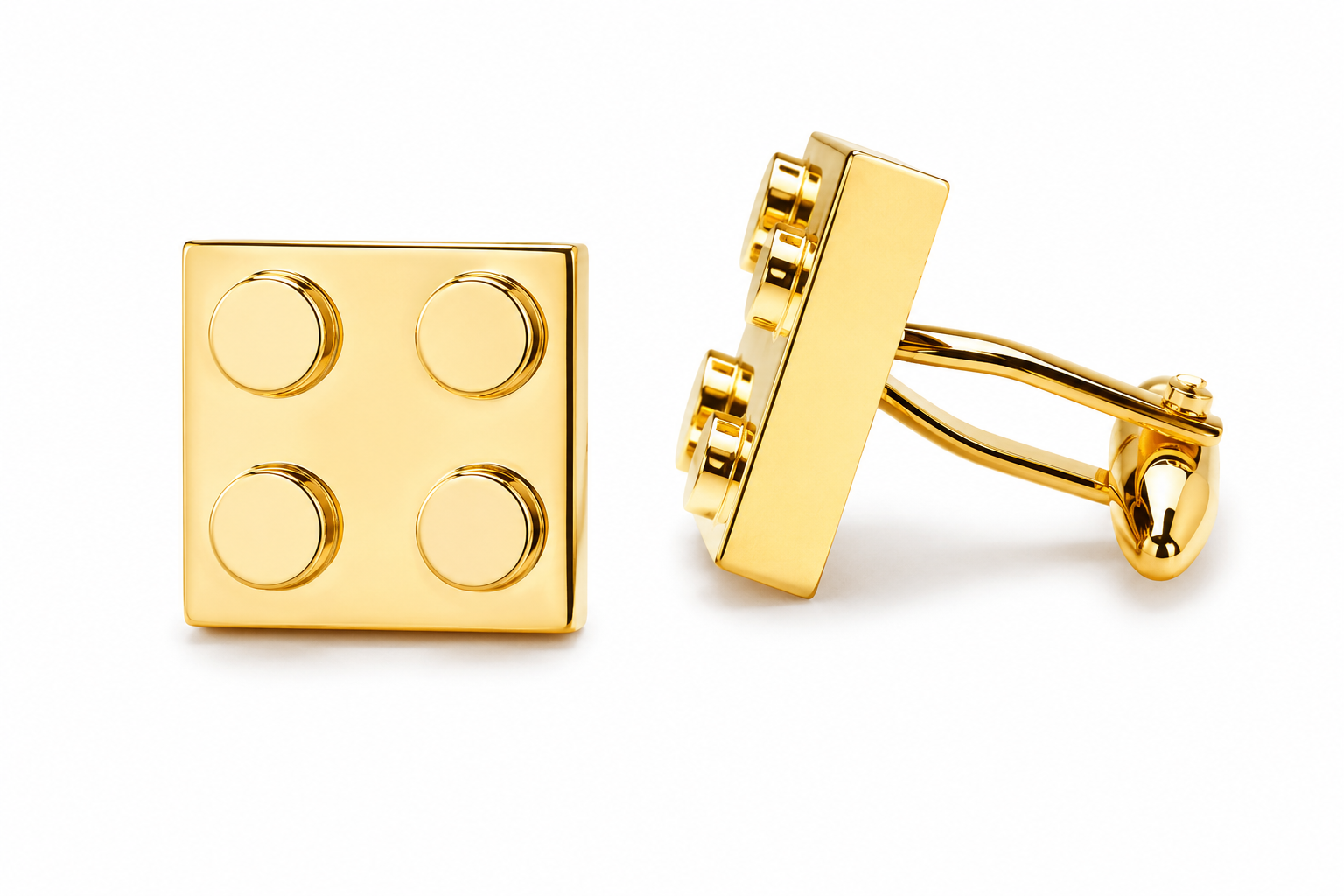 Pair of gold Master Builder cufflinks featuring a building block design with polished gold finish