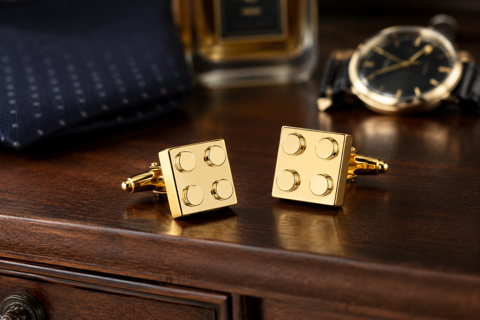 Gold square cufflinks on a wooden surface with a watch and tie in the background