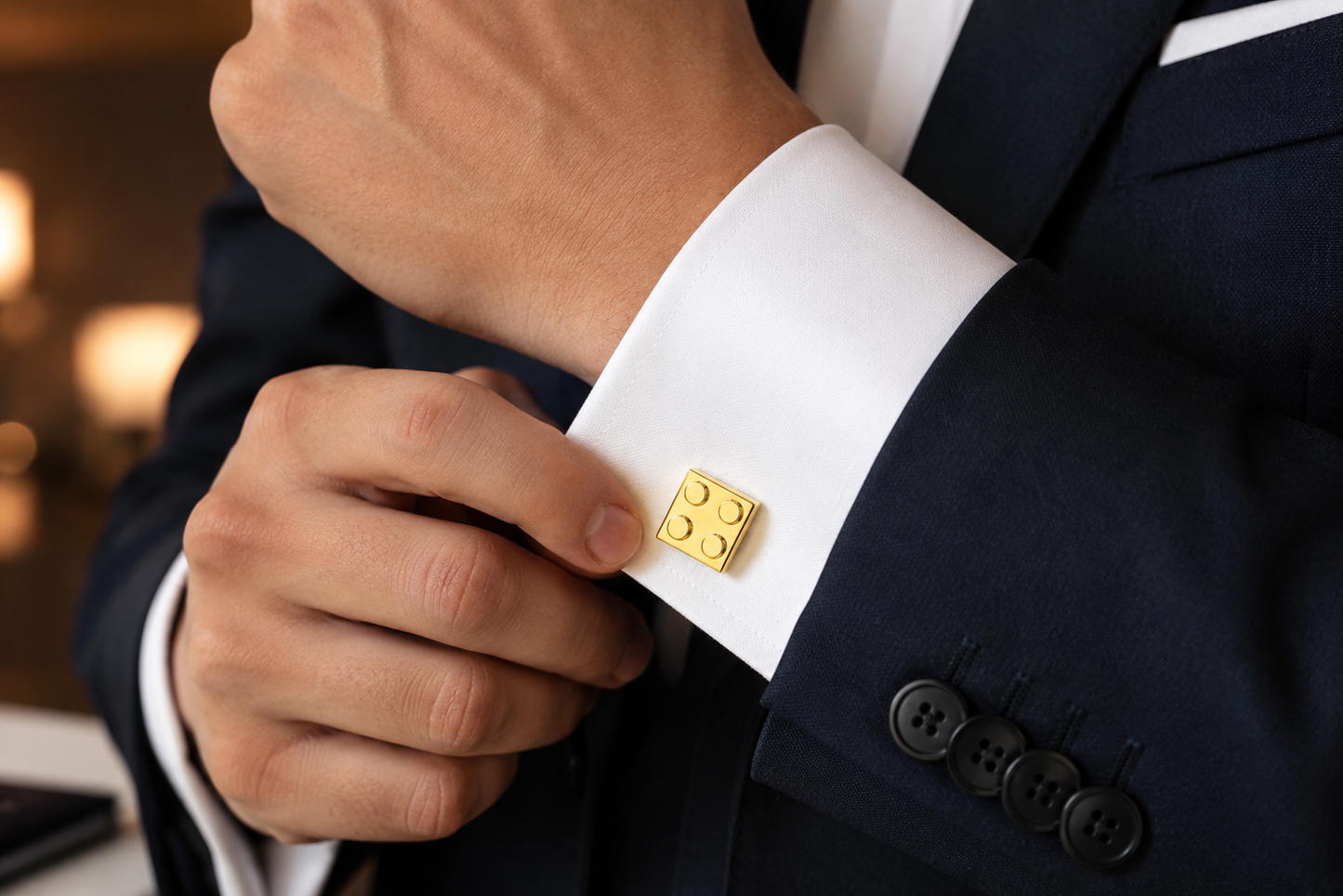 Gold Master Builder cufflink attached to a purple striped French cuff dress shirt